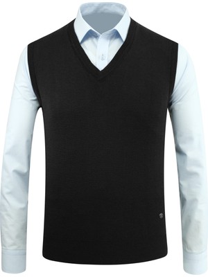 Erkek V Yaka Süveter Triko Düz Renk Çelik Örgü Klasik Kalıp - 5200H