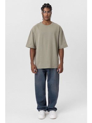Basic Oversize Bisiklet Yaka Tişört Haki