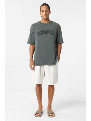 Yıkamalı Oversize Baskılı Tişört Yeşil