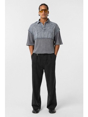 Yıkamalı Oversize Polo Yaka Tişört Gri