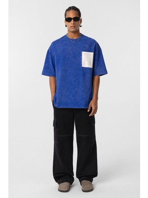 Yıkamalı Cep Detaylı Oversize Tişört Saks