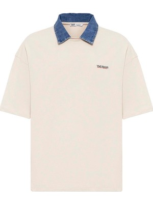 Polo Yaka Yazı Detaylı Oversize Tişört Taş