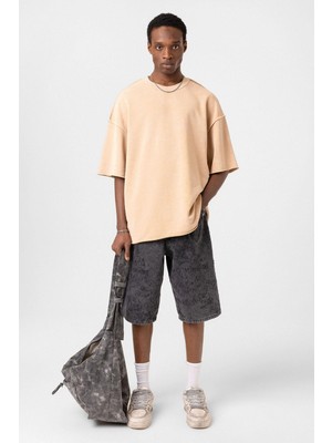 Yıkamalı Oversize Tişört Bej