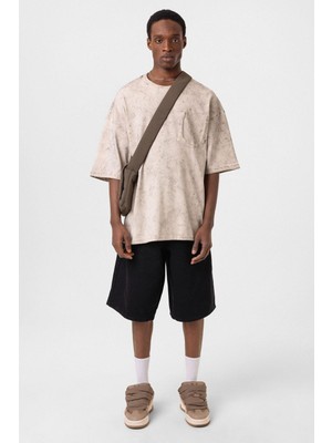 Yıkamalı Cep Detaylı Oversize Tişört Taş