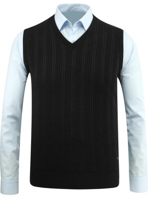 Erkek V Yaka Süveter Desenli Çelik Örgü Klasik Kalıp - 5209H