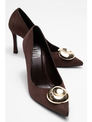 Jordana Kahverengi Süet Gold Tokalı Kadın Ince Topuklu Ayakkabı