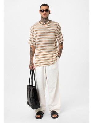 Çizgili Oversize Triko Tişört Camel