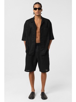 Oversize Keten Şort Siyah