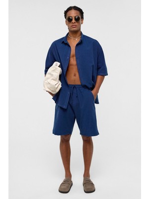 Oversize Keten Şort Lacivert