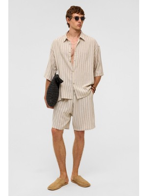 Oversize Çizgili Keten Şort Siyah
