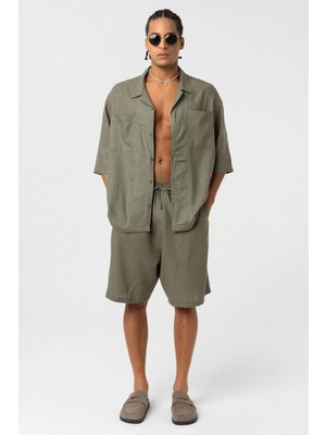 Oversize Keten Şort Haki