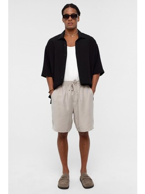Oversize Modal Kumaş Bermuda Şort Bej