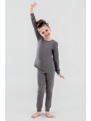 Kız Çocuk Pamuklu Bisiklet Yaka Kelebek Baskılı Uzun Kollu Pijama Takımı 9247 Füme