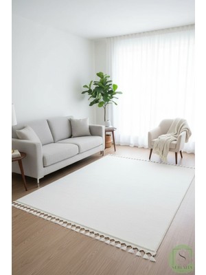 Serenita Home Post/peluş Yıkanabilir Kaymaz Taban Yumşacık Beyaz Örgü Saçaklı Modern ve Şık Salon Oturma Odası Mutfak Çocuk Odası Koridor Antre Halısı