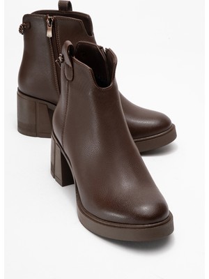 Mier Kahverengi Cilt Zincir Detaylı Kadın Kalın Topuklu Bot