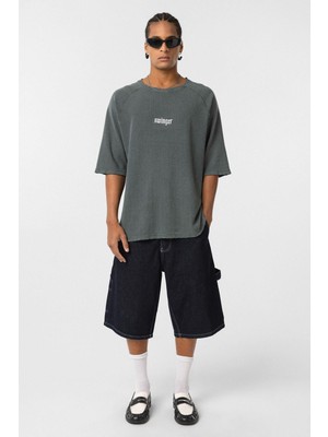 Yıkamalı Oversize Baskılı Triko Tişört Yeşil