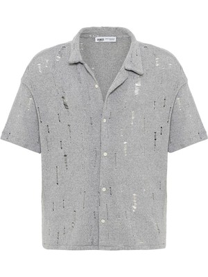 Oversize Deliklı Triko Gömlek Gri