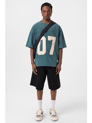 Yıkamalı Baskılı Oversize Tişört Petrol