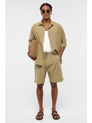 Oversize Keten Şort Açık Haki