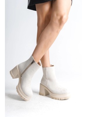 Lısse Fermuarlı Ortopedik Taban Kalın Topuklu Süet Kadın Bot  Kt-  Krem