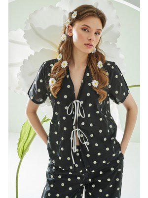 Nbb Siyah Papatya Desenli Önden Bağlamalı Pijama Takımı