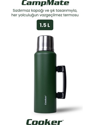 1.5 Litre Çift Katlı Çelik Termos-24 Saat Sıcak, 48 Saat Soğuk, Kulplu (Kamp, Piknik, Ofis, Seyahat)