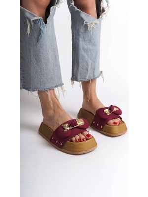 Dıla Kalın ve Ortopedik Taban Ayıcıklı Saten Kadın Terlik  Kt - Bordo
