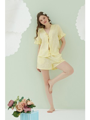 Nbb Sarı Papatya Şortlu Önden Bağlamalı Pijama Takımı