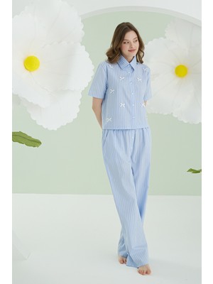 Nbb Mavi Kurdele Önden Düğmeli Pijama Takım