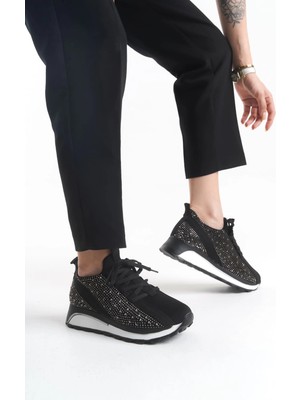Alya Bağcıklı Ortopedik Taban Taşlı Kadın Sneaker Spor Ayakkabı Bt - Siyah