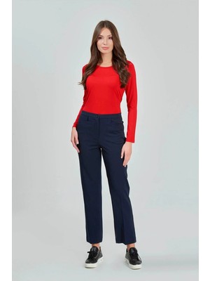 Tolga Saraçoğlu Kadın Gizli Lastik Boru Paça Gabardin Pantolon 430082 Lacivert