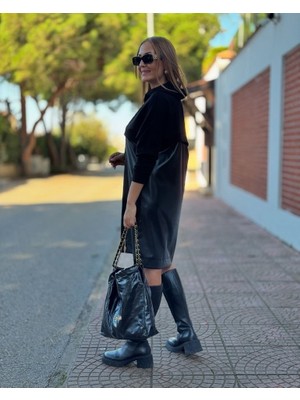 Veraura Lifestyle Kadın Uzun Kollu Kapüşon ve Deri Detay Diz Üstü Elbise