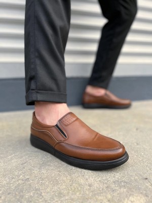 JY0410 Classique Bağcıksız Cilt Erkek Günlük Klasik Ayakkabı Cst - Kahverengi
