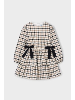 Kız Çocuk Normal Kalıp Beli Fiyonklu Ekose Viyela Elbise - Bej/siyah