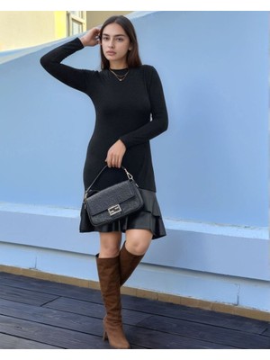 Kadın Uzun Kollu Bisiklet Yaka Üst Viskon Etek Ucu Deri Kısa Elbise