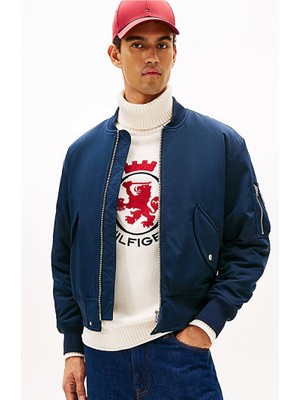Erkek Rahat Kalıp Su Itici Beyzbol Yaka Bomber Ceket - Lacivert