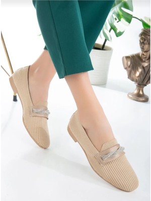 633 Bej Rahat Hafif Günlük Taşlı Triko Kadın Babet