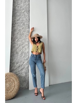 Mom Fit Bıyık Kar Yıkama Jeans Pantolon Koyu Mavi D2006