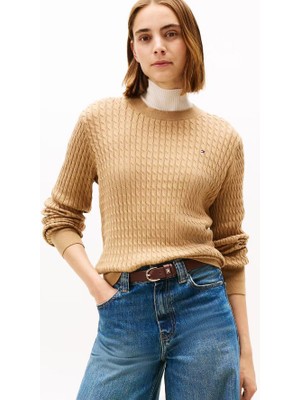 Kadın Bisiklet Yaka Saç Örgülü Pamuklu Triko Kazak - Camel