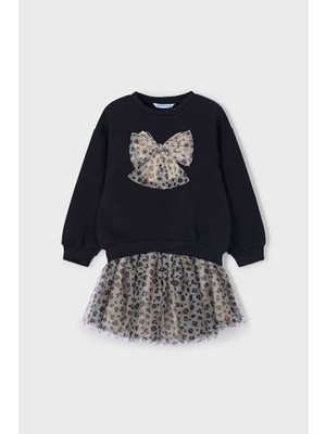 Kız Çocuk Normal Kalıp Leopar Desenli Tül Etekli 2'li Takım - Siyah