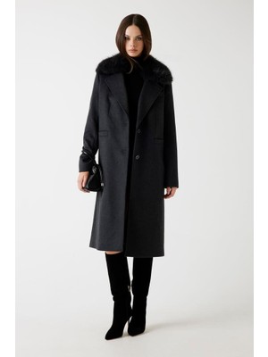 Kadın Karole Yün Karışımlı Kaban - Koyu Gri