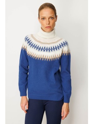 Kadın Tam Balıkçı Yaka Robası Baklavalı Yün Kazak Mavi