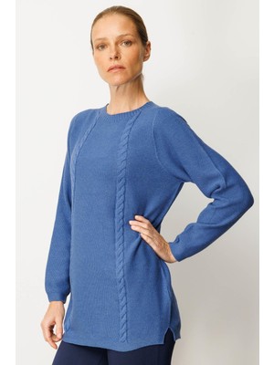 Kadın Triko Yanı Yırtmaçlı Pirinç Örgü Kazak Indigo