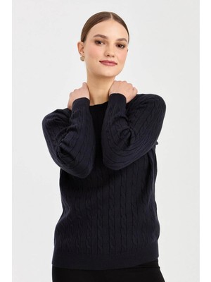 Kadın Sıfır Yaka Saç Örgülü Kazak K.lacivert