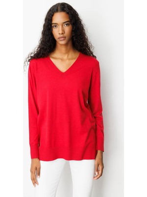 Kadın V Yaka Önü Arkası Yırtmaçlı Kazak K.kırmızı