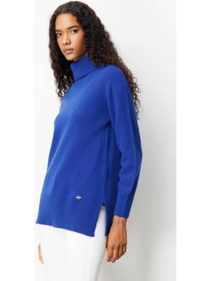 Kadın Tam Balıkçı Yaka Yanı Yırtmaçlı Yün Kazak K.saks Mavi