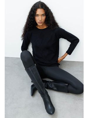 Kadın Önü Baklavalı Yan Örgü Kazak Siyah