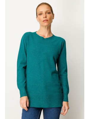 Kadın Sıfır Yaka Dikişsiz Yanları Düğmeli Simli Kazak A.ö.başı