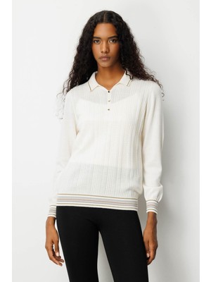 Kadın Polo Yaka Simli Çizgili Yün Bluz Kemik