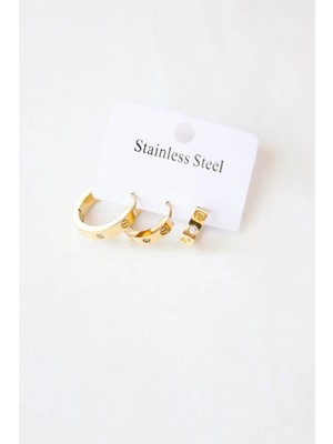 3'lü Taşlı Çelik Halka Küpe - Altın